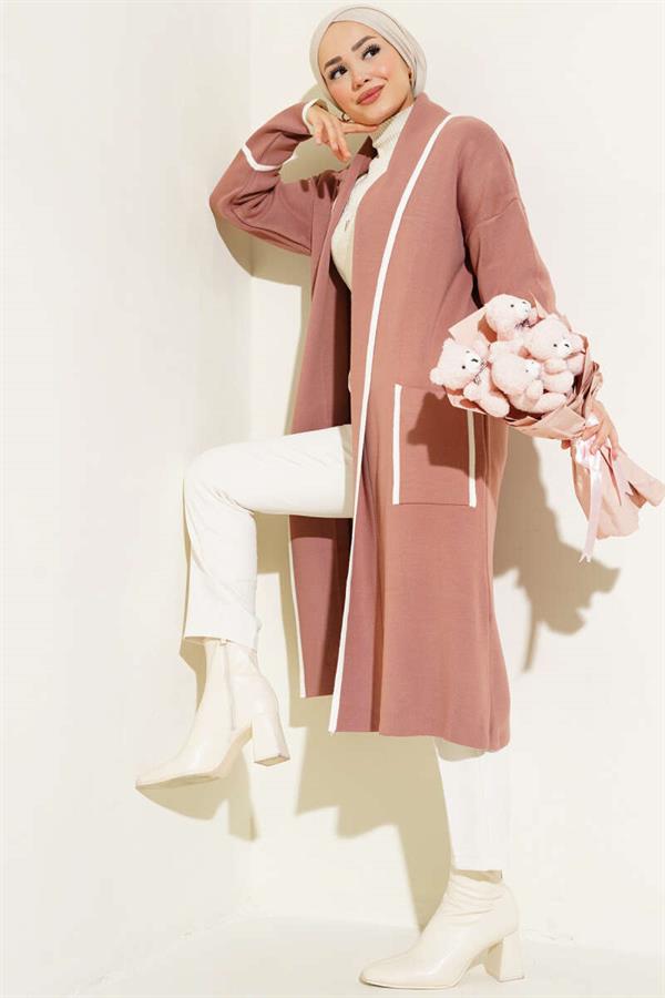 Shawl Collar Pocket Knitted Cardigan Powder