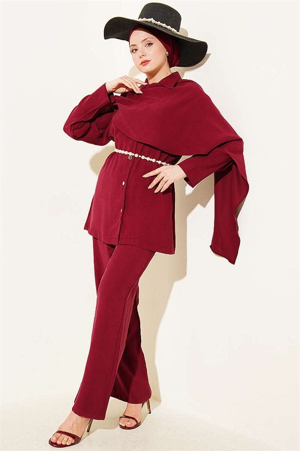 Tencel 2 Piece Set with Shawl Collar Detail, Burgundy