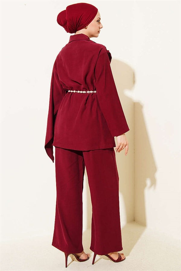 Tencel 2 Piece Set with Shawl Collar Detail, Burgundy