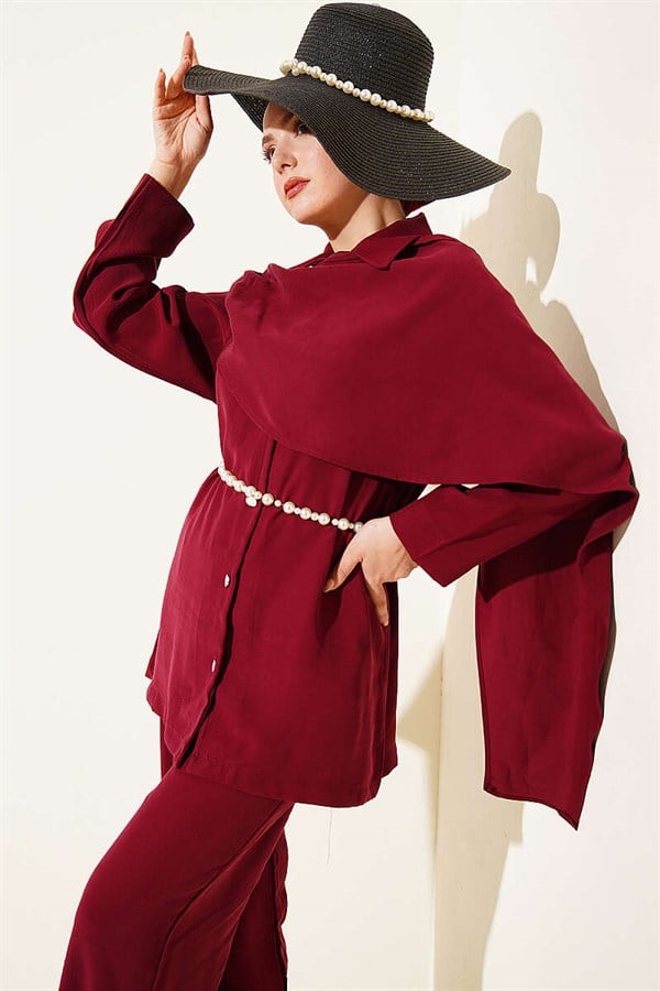 Tencel 2 Piece Set with Shawl Collar Detail, Burgundy