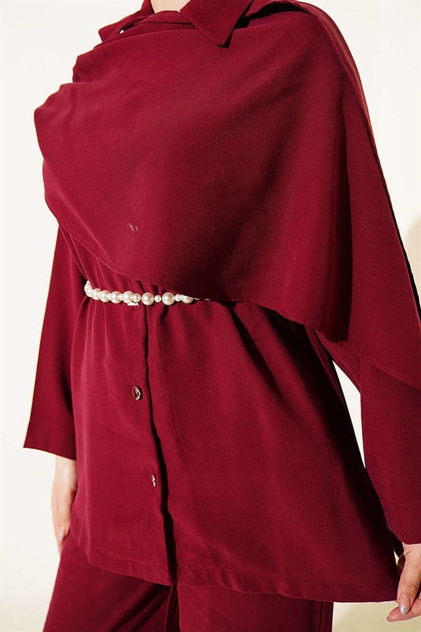 Tencel 2 Piece Set with Shawl Collar Detail, Burgundy