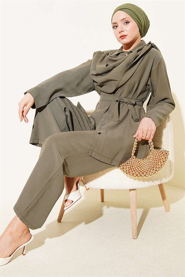 Tencel 2 Piece Set with Shawl Collar Detail, Khaki
