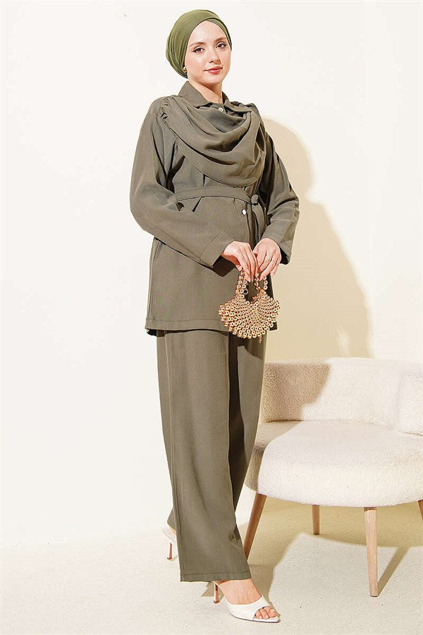 Tencel 2 Piece Set with Shawl Collar Detail, Khaki
