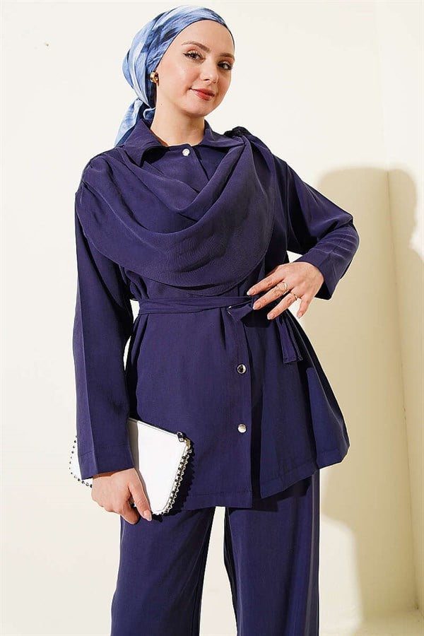 Tencel 2 Piece Set with Shawl Collar Detail, Navy Blue