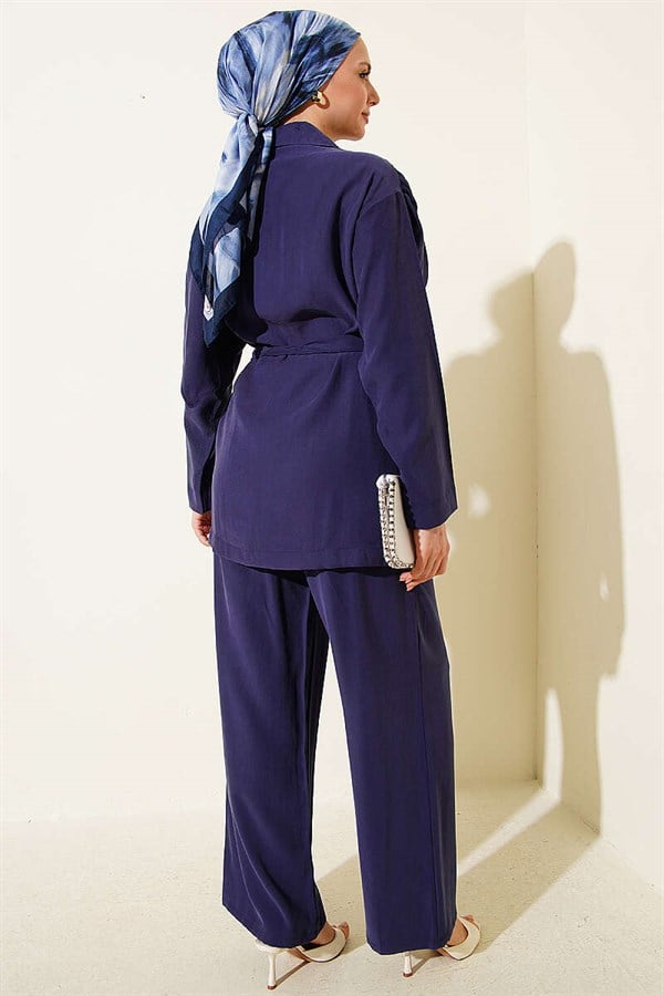 Tencel 2 Piece Set with Shawl Collar Detail, Navy Blue