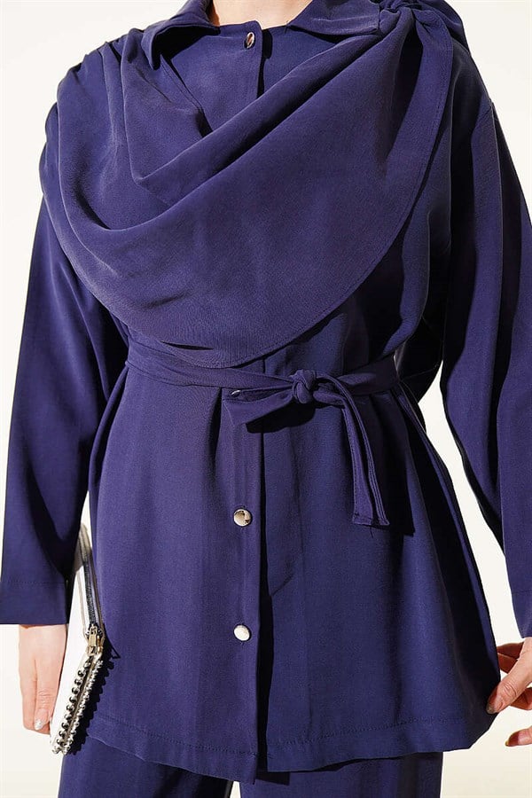 Tencel 2 Piece Set with Shawl Collar Detail, Navy Blue