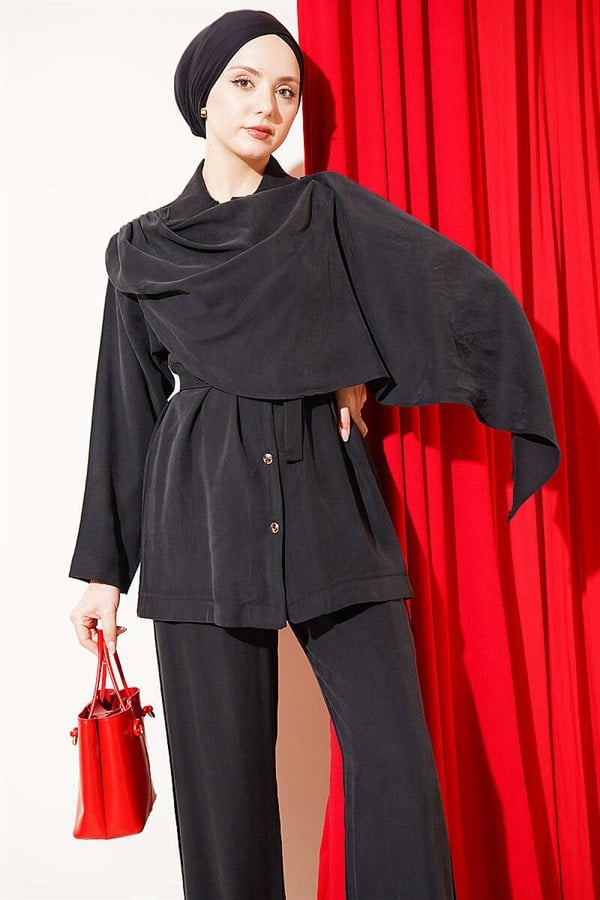 Shawl Collar Detail Tencel 2 Piece Set, Black
