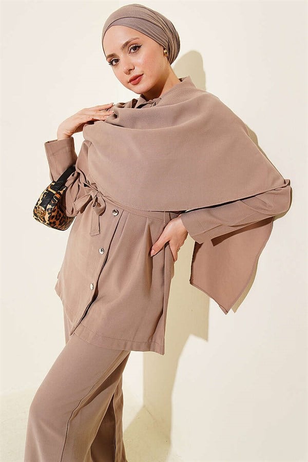 Tencel 2 Piece Set with Shawl Collar Detail, Mink