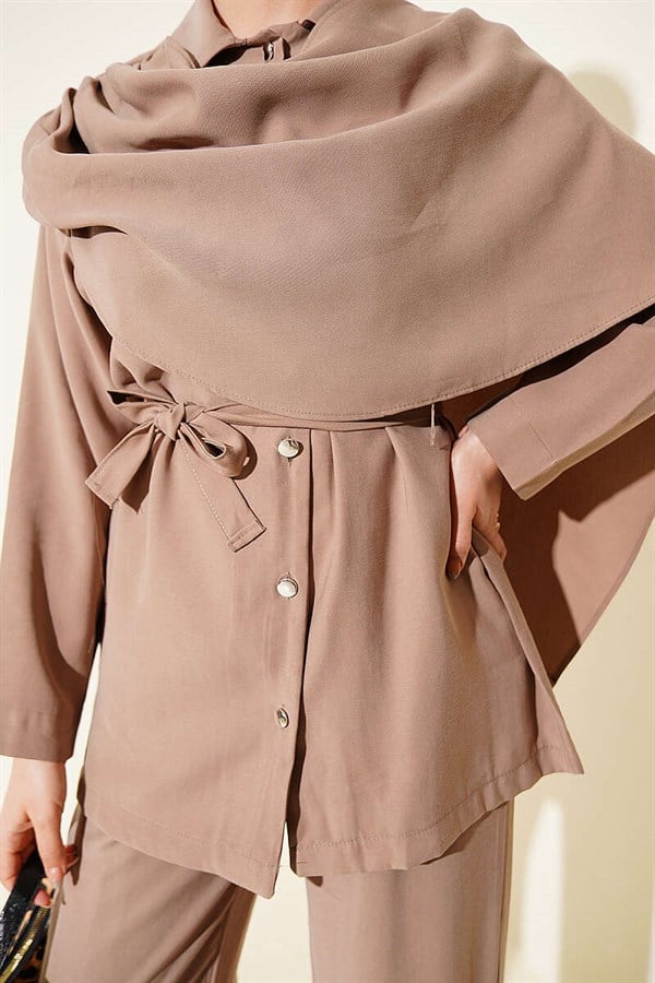 Tencel 2 Piece Set with Shawl Collar Detail, Mink
