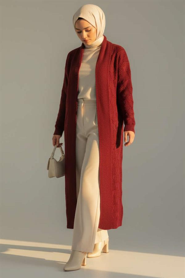 Shawl Collar Knitted Patterned Long Knit Cardigan Burgundy