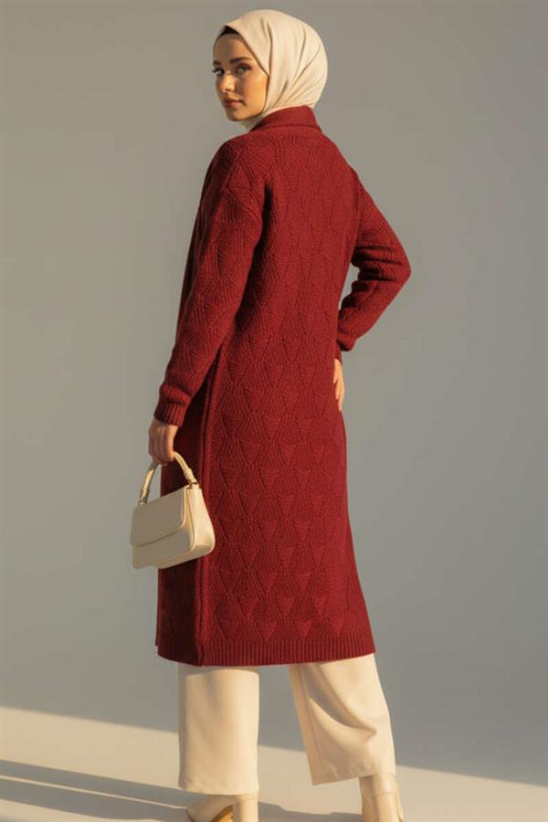 Shawl Collar Knitted Patterned Long Knit Cardigan Burgundy