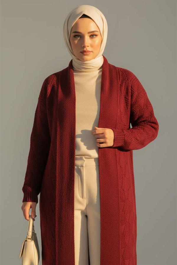 Shawl Collar Knitted Patterned Long Knit Cardigan Burgundy