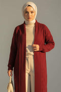 Shawl Collar Knitted Patterned Long Knit Cardigan Burgundy