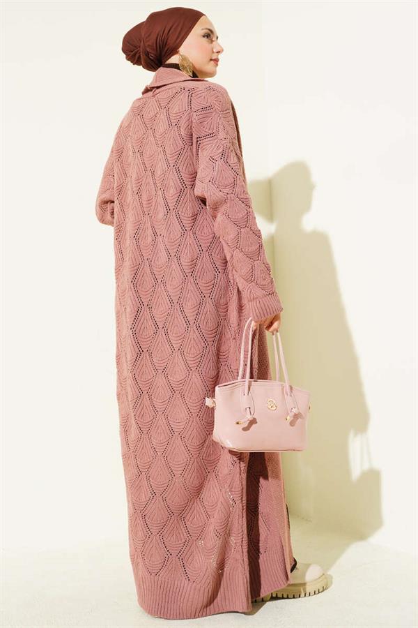 Shawl Collar Knitted Patterned Long Knitwear Cardigan Dusty Rose