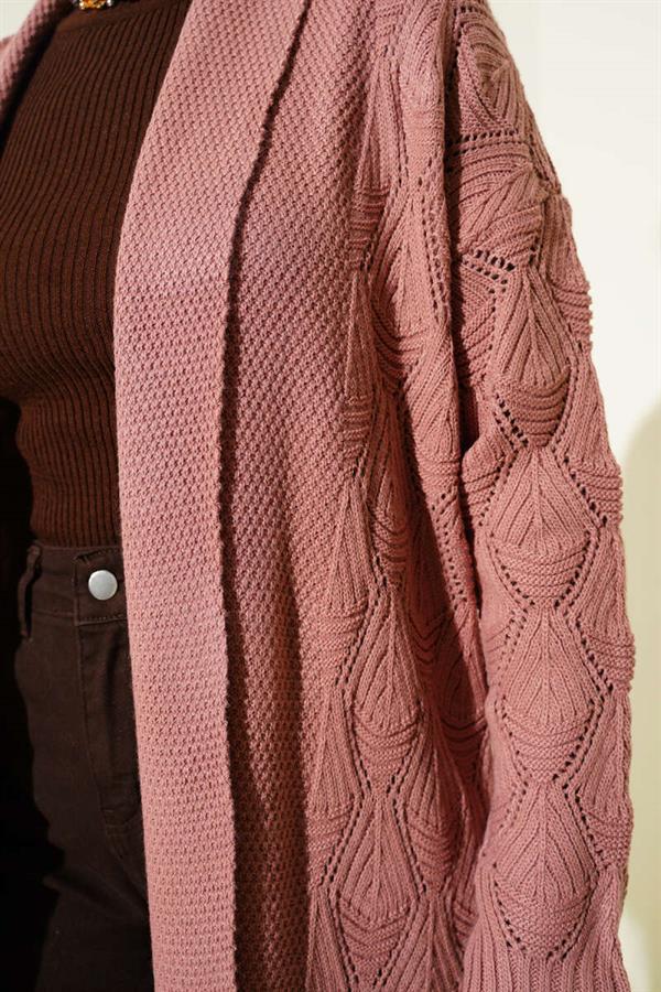 Shawl Collar Knitted Patterned Long Knitwear Cardigan Dusty Rose