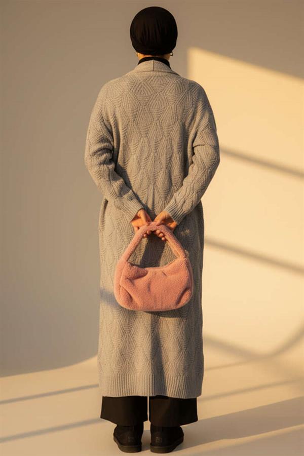 Shawl Collar Knitted Patterned Long Knitwear Cardigan Gray