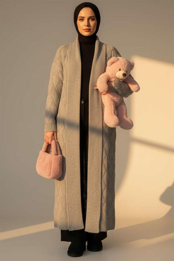 Shawl Collar Knitted Patterned Long Knitwear Cardigan Gray