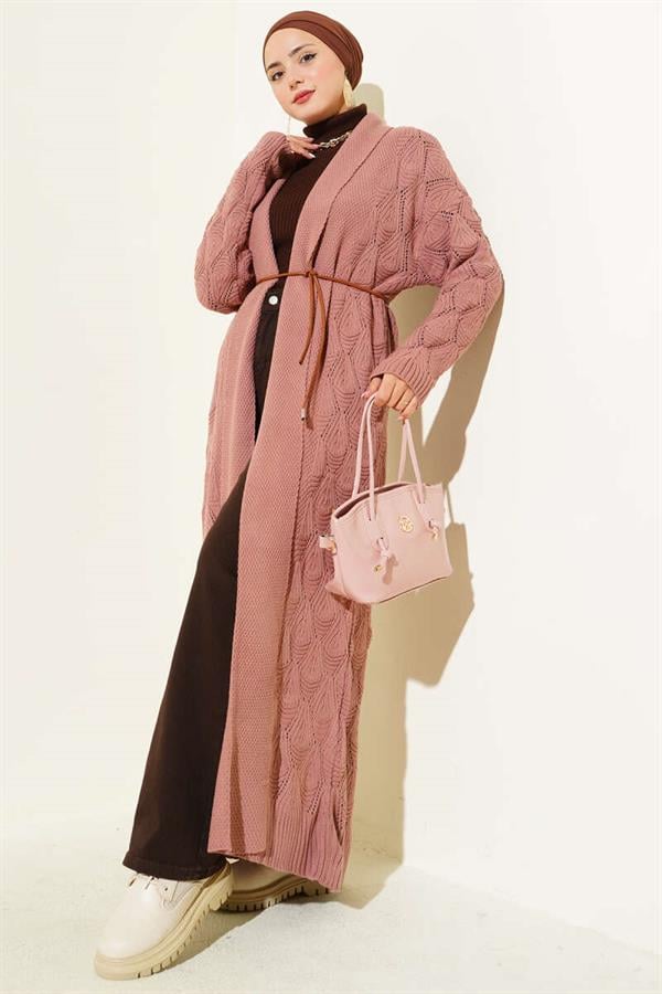 Shawl Collar Knitted Patterned Long Knitwear Cardigan Dusty Rose