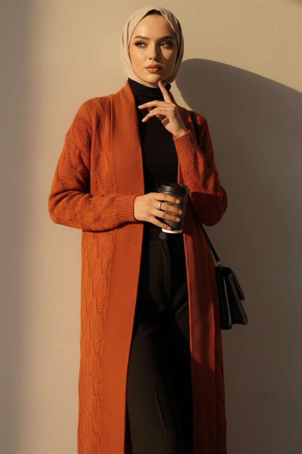 Shawl Collar Knitted Patterned Long Knitwear Cardigan Brick