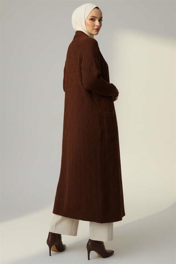Shawl Collar Knitted Patterned Long Knitwear Cardigan Brown