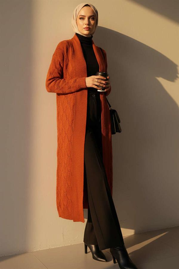 Shawl Collar Knitted Patterned Long Knitwear Cardigan Brick
