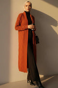 Shawl Collar Knitted Patterned Long Knitwear Cardigan Brick