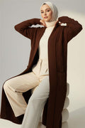 Shawl Collar Knitted Patterned Long Knitwear Cardigan Brown
