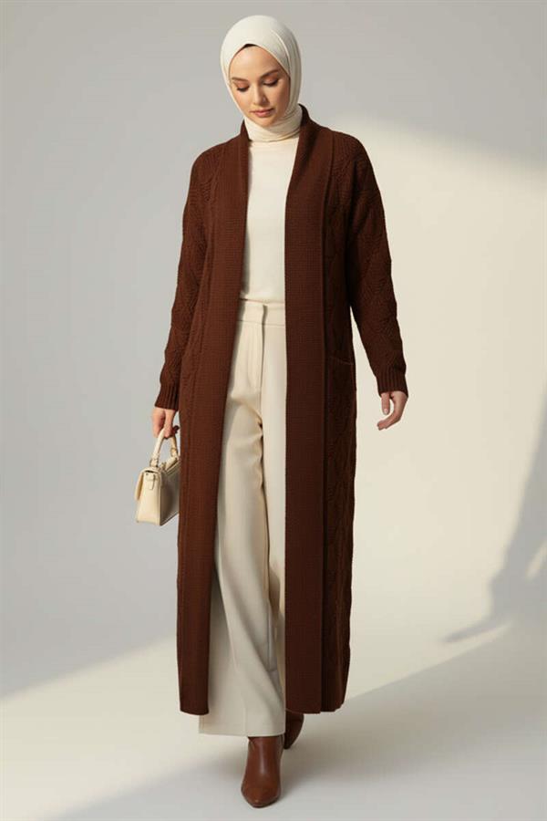Shawl Collar Knitted Patterned Long Knitwear Cardigan Brown