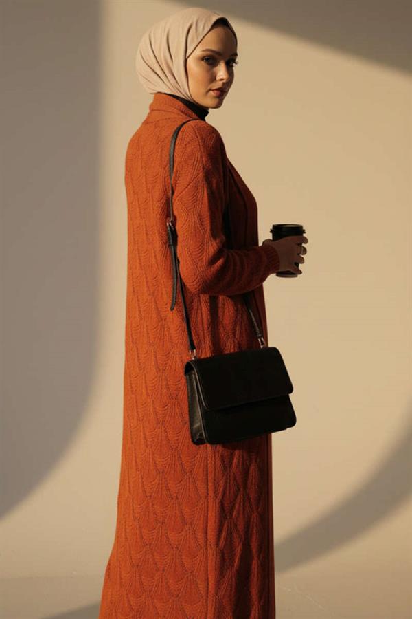 Shawl Collar Knitted Patterned Long Knitwear Cardigan Brick
