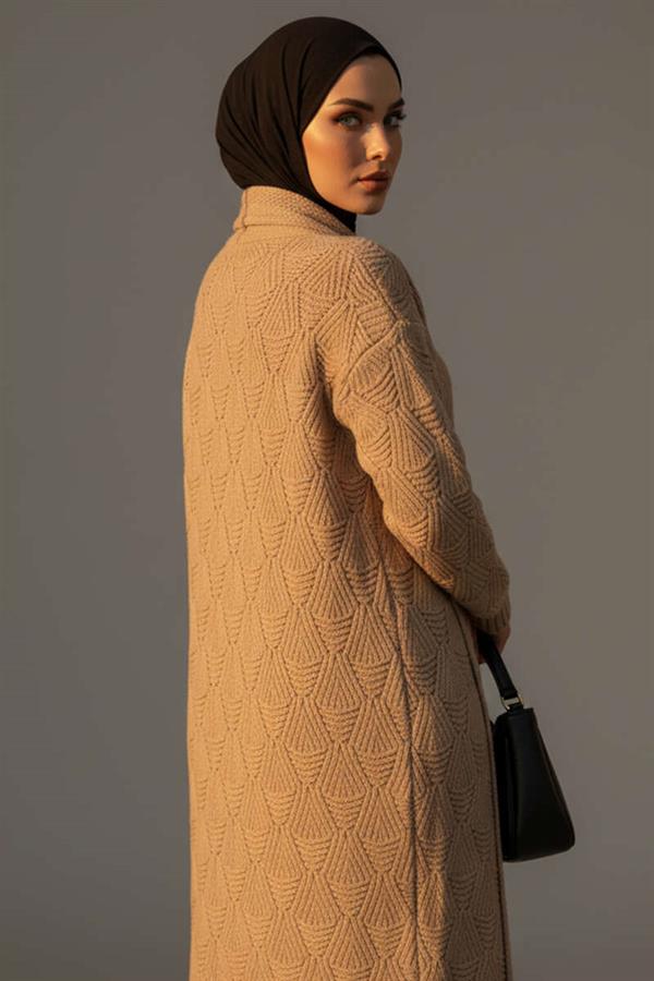Shawl Collar Knitted Patterned Long Knit Cardigan Latte