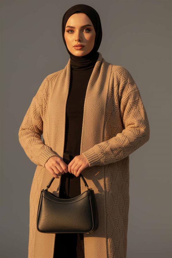 Shawl Collar Knitted Patterned Long Knit Cardigan Latte
