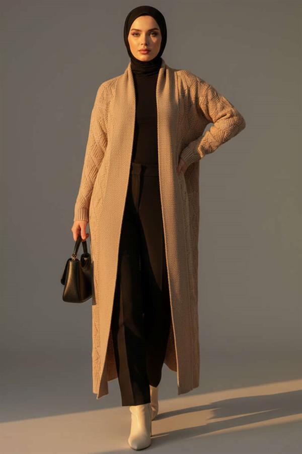 Shawl Collar Knitted Patterned Long Knit Cardigan Latte