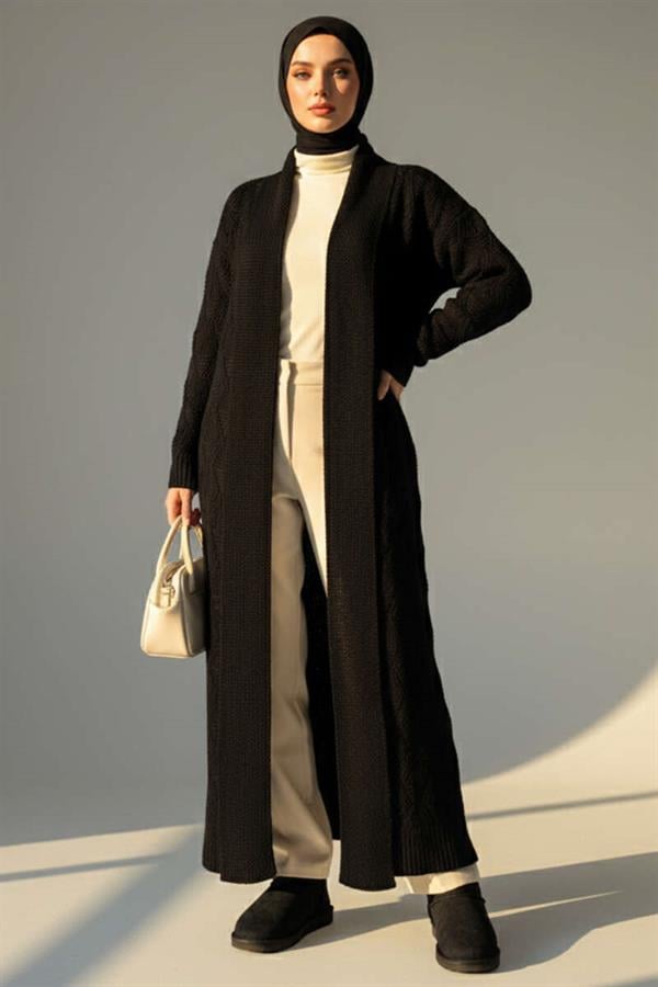 Shawl Collar Knitted Patterned Long Knitwear Cardigan Black