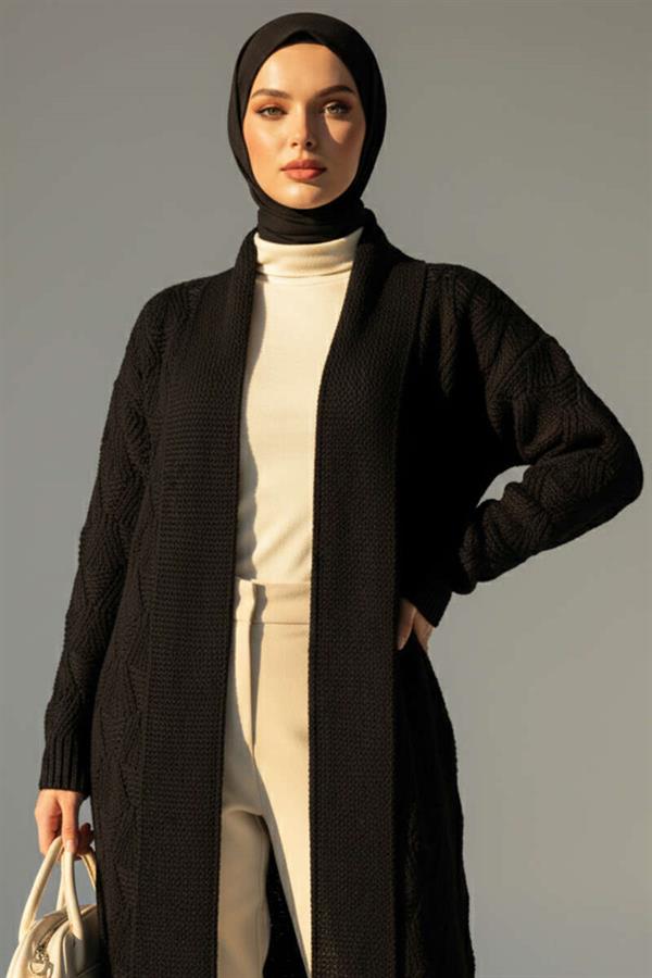 Shawl Collar Knitted Patterned Long Knitwear Cardigan Black