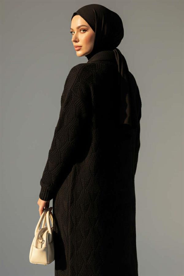 Shawl Collar Knitted Patterned Long Knitwear Cardigan Black