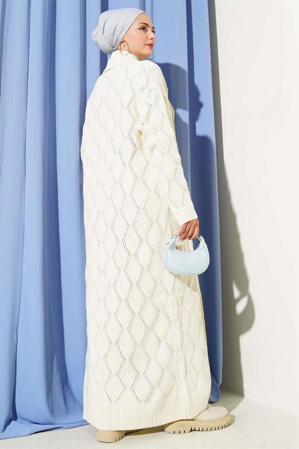 Shawl Collar Knitted Patterned Long Knitwear Cardigan Stone