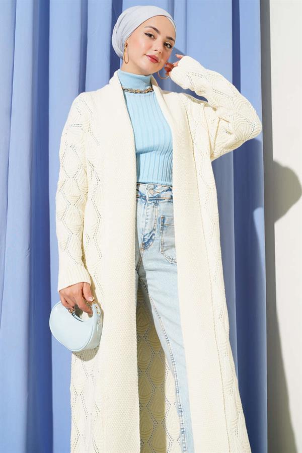 Shawl Collar Knitted Patterned Long Knitwear Cardigan Stone