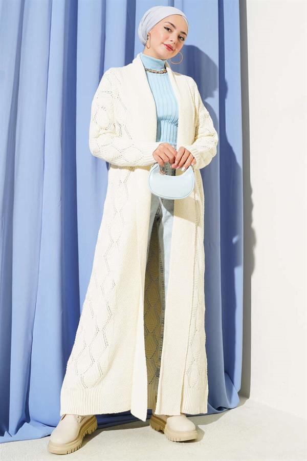 Shawl Collar Knitted Patterned Long Knitwear Cardigan Stone