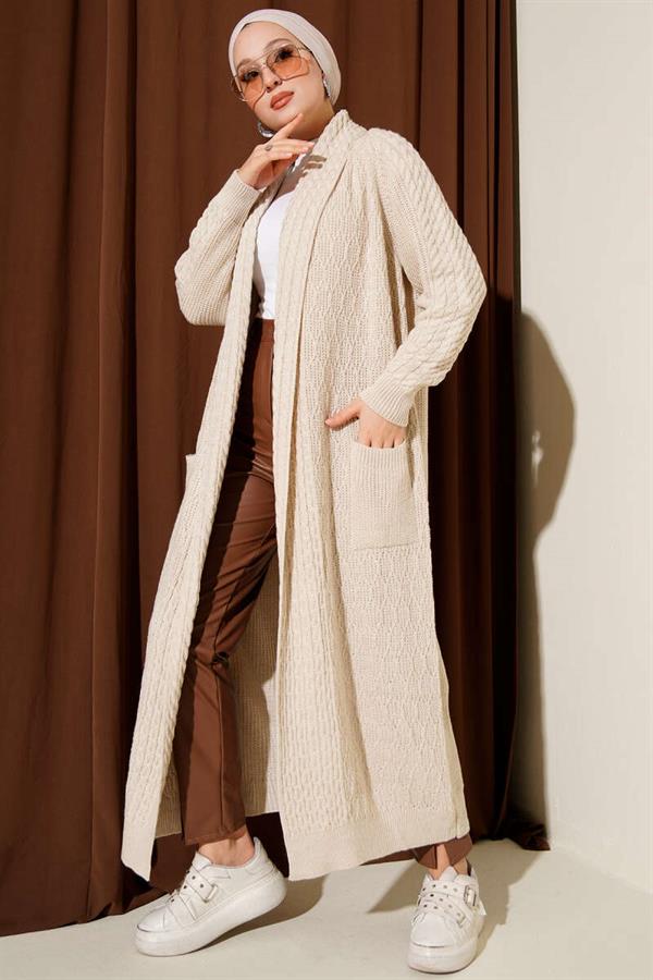 Shawl Collar Knitted Embossed Knitwear Cardigan Beige