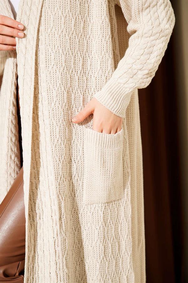 Shawl Collar Knitted Embossed Knitwear Cardigan Beige
