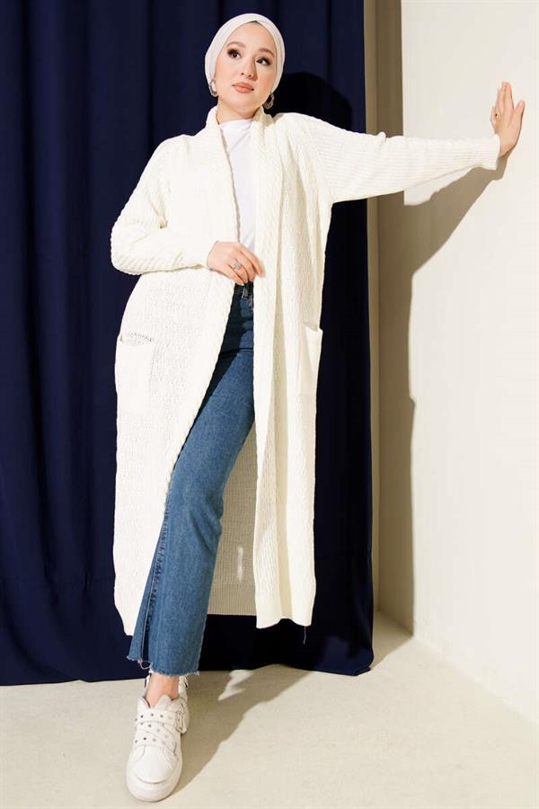 Shawl Collar Knitted Embossed Knitwear Cardigan Ecru
