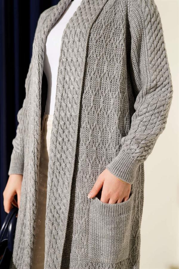 Shawl Collar Knitted Embossed Knitwear Cardigan Gray