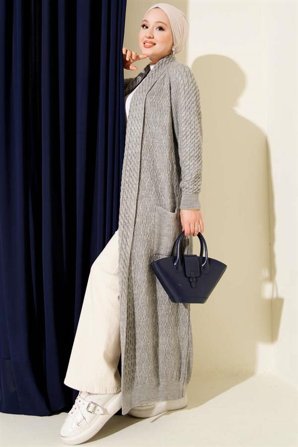 Shawl Collar Knitted Embossed Knitwear Cardigan Gray