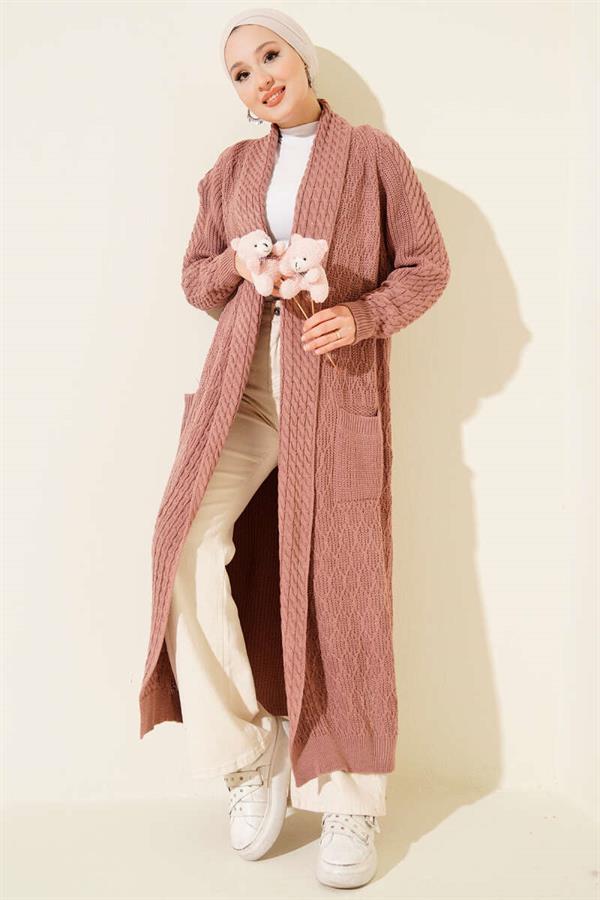 Shawl Collar Knitted Embossed Knitwear Cardigan Dusty Rose
