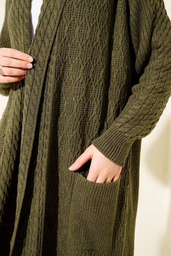 Shawl Collar Knitted Embossed Knitwear Cardigan Khaki