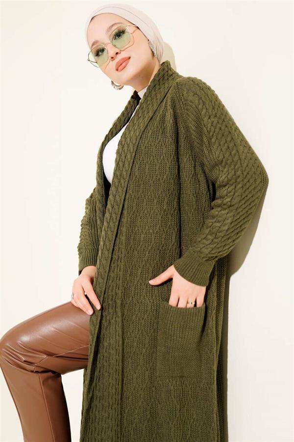 Shawl Collar Knitted Embossed Knitwear Cardigan Khaki