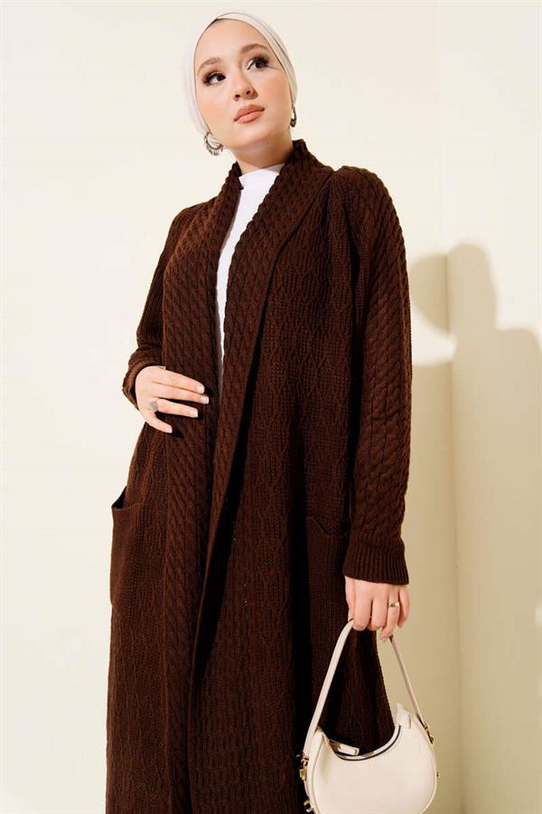 Shawl Collar Knitted Embossed Knitwear Cardigan Brown