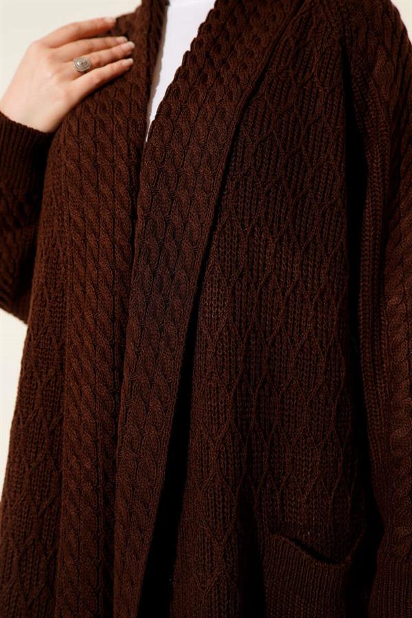 Shawl Collar Knitted Embossed Knitwear Cardigan Brown