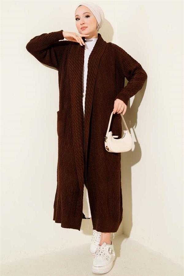 Shawl Collar Knitted Embossed Knitwear Cardigan Brown