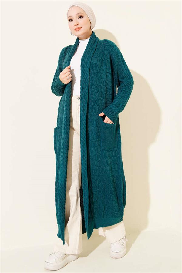 Shawl Collar Knitted Embossed Knitwear Cardigan Petrol
